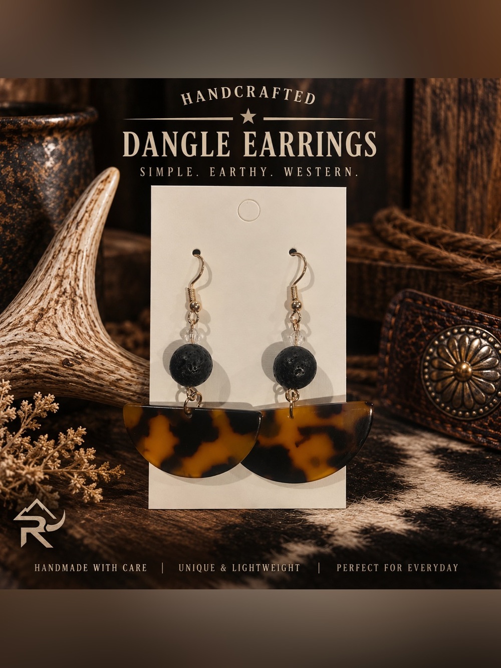 Handcrafted Tortoiseshell Earrings with Black Lava Bead